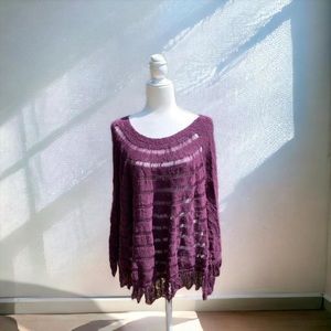 Nine West Cowl Neck Crotchet Fringed Poncho Boho Scarf Cozy Purple L